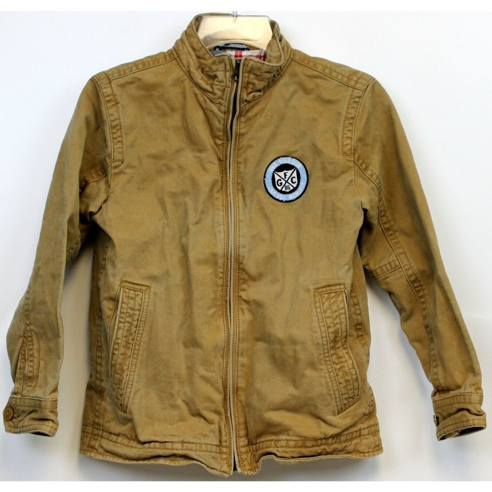 Gap Boys Jacket sz Large Khaki Denim Plaid Lined Racing Style Zippered Pockets.